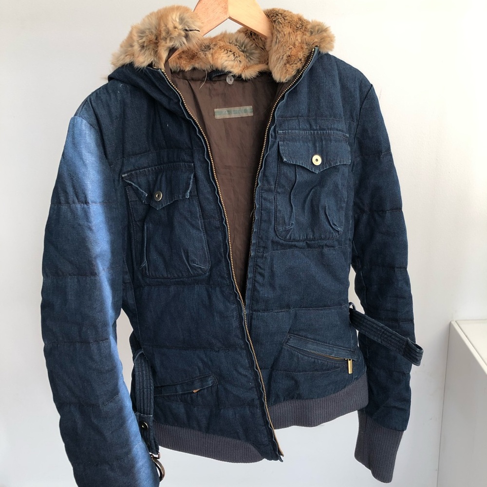 Zhero dark denim down jacket with fur hood